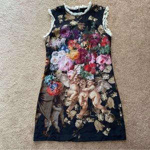 RARE DOLCE & GABBANA Black Floral Cherub Cupid Print Lace Trimmed Silk Dress